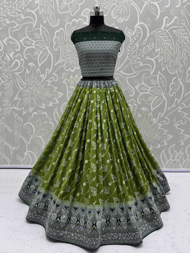 Brilliant Olive Green Georgette Zari Work Festival Wear Lehenga Choli